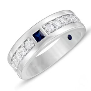 حلقه مردانه طلا سفید 18 عیار جواهر نگین یاقوت آبی و الماس تراش برلیان: مدل wrgm1306
